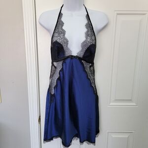 Victoria's Secret Black Blue Satin And Lace Halter Babydoll Chemise Medium